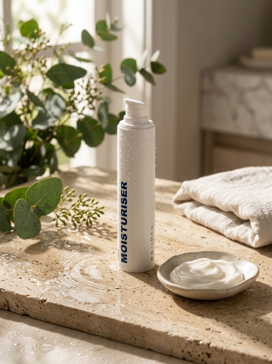 Just Moisturiser bottle beside a small dish of the cream on a stone surface