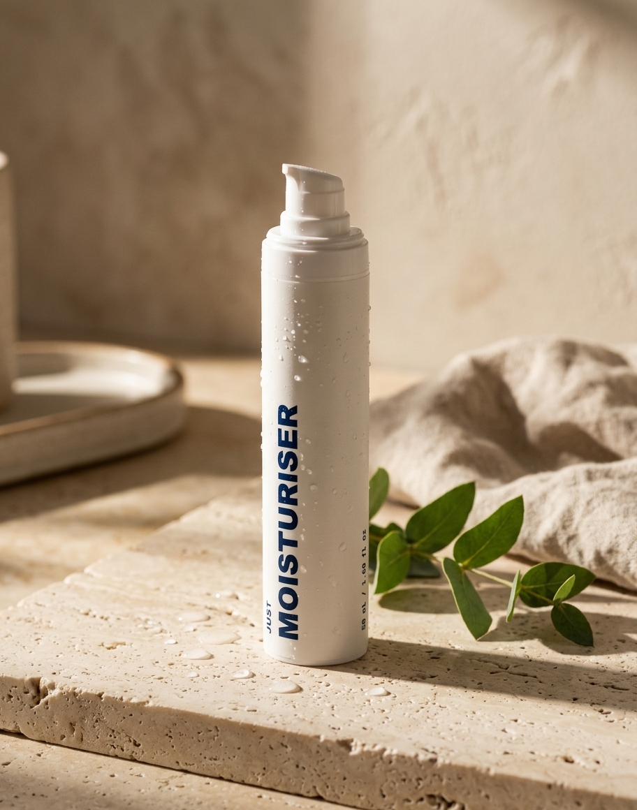 Just Moisturiser bottle with water droplets on a travertine slab beside eucalyptus