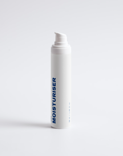 Just Moisturiser 50 ml white pump bottle with navy lettering